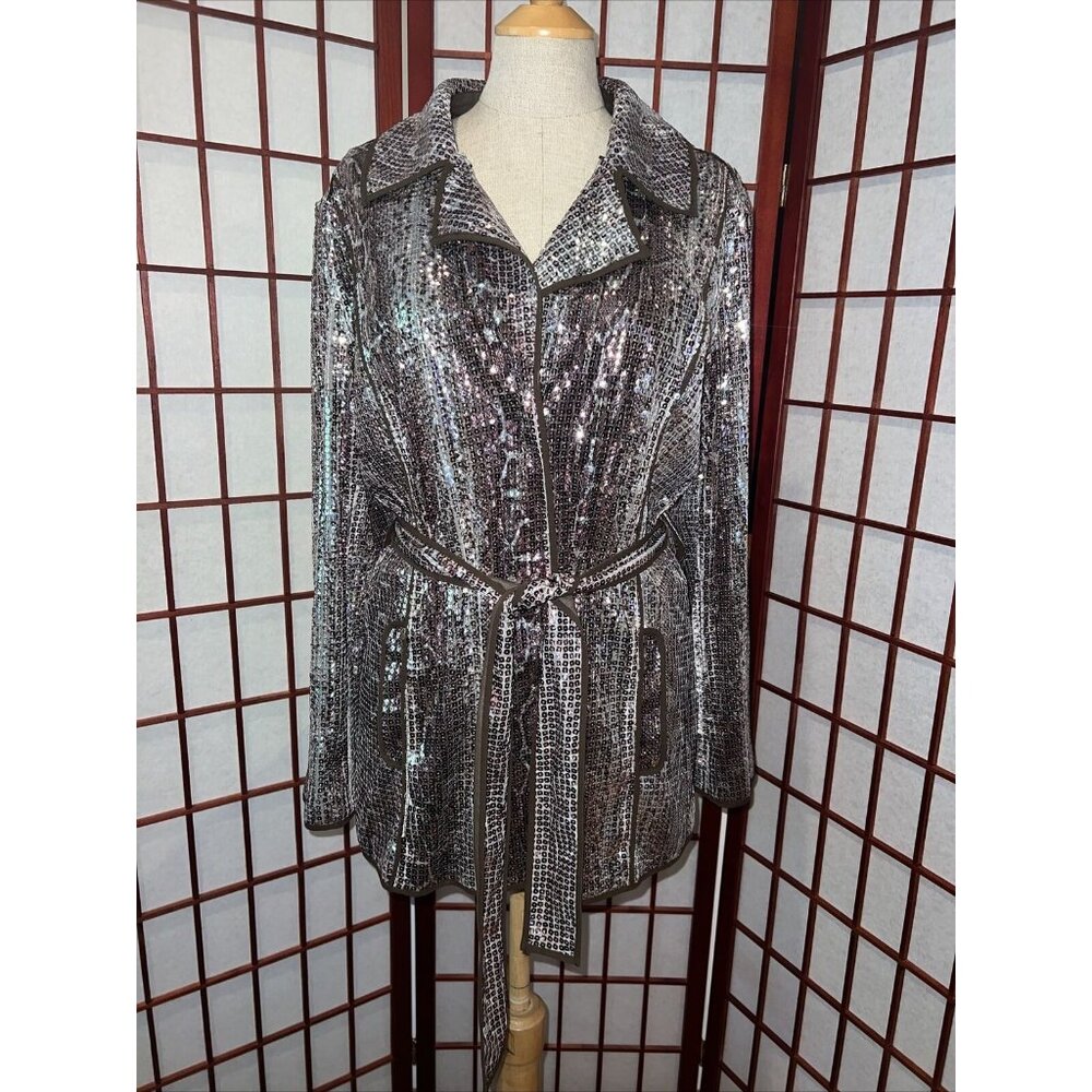 AMAZING! Chicos Sz 2 All Sequin Glam Snakeskin Long Jacket Coat Lightweight Cool